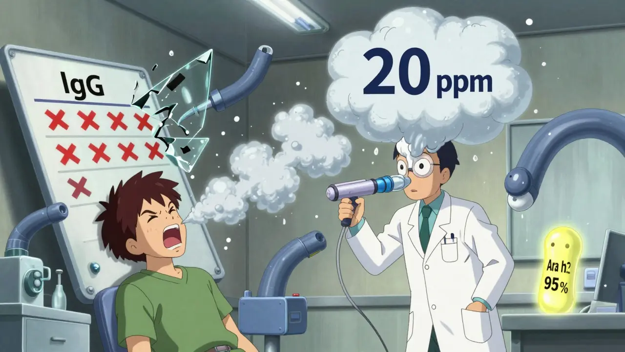 A medical test scene with a giant gas cloud and shattering IgG panel, in exaggerated anime style.