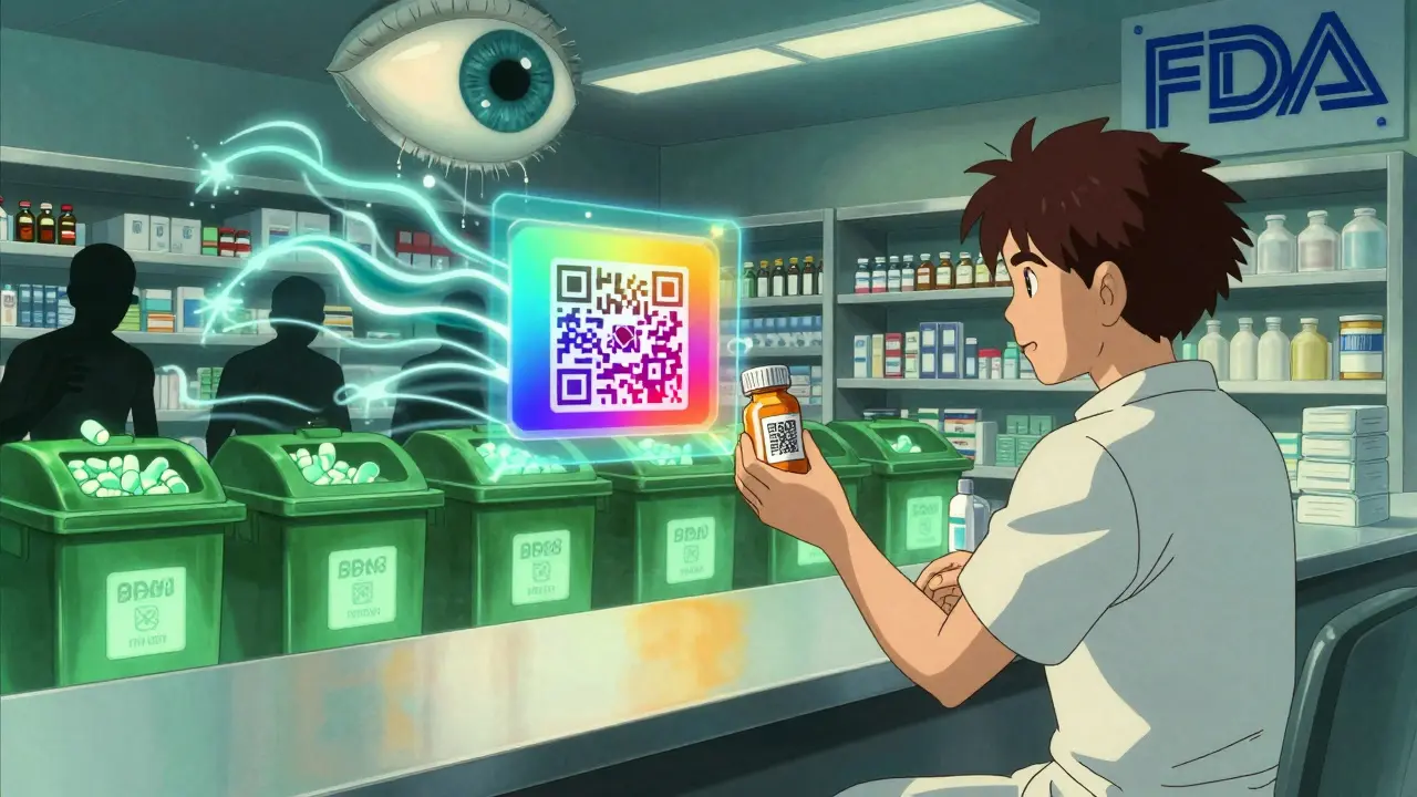 A person holding a pill bottle with a QR code projecting thermochromic ink changes, beside glowing take-back bins.