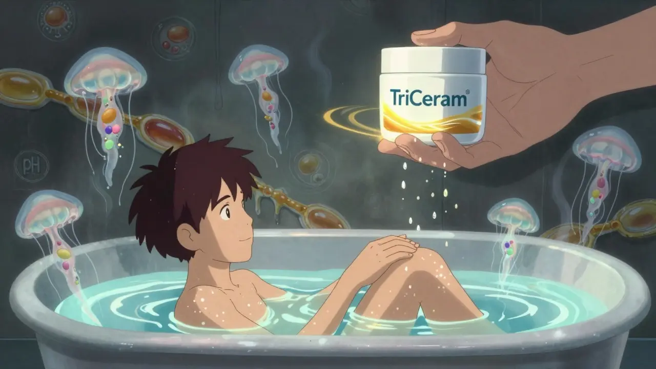 A person soaking in glowing water while golden ceramide particles rise from their damp skin.