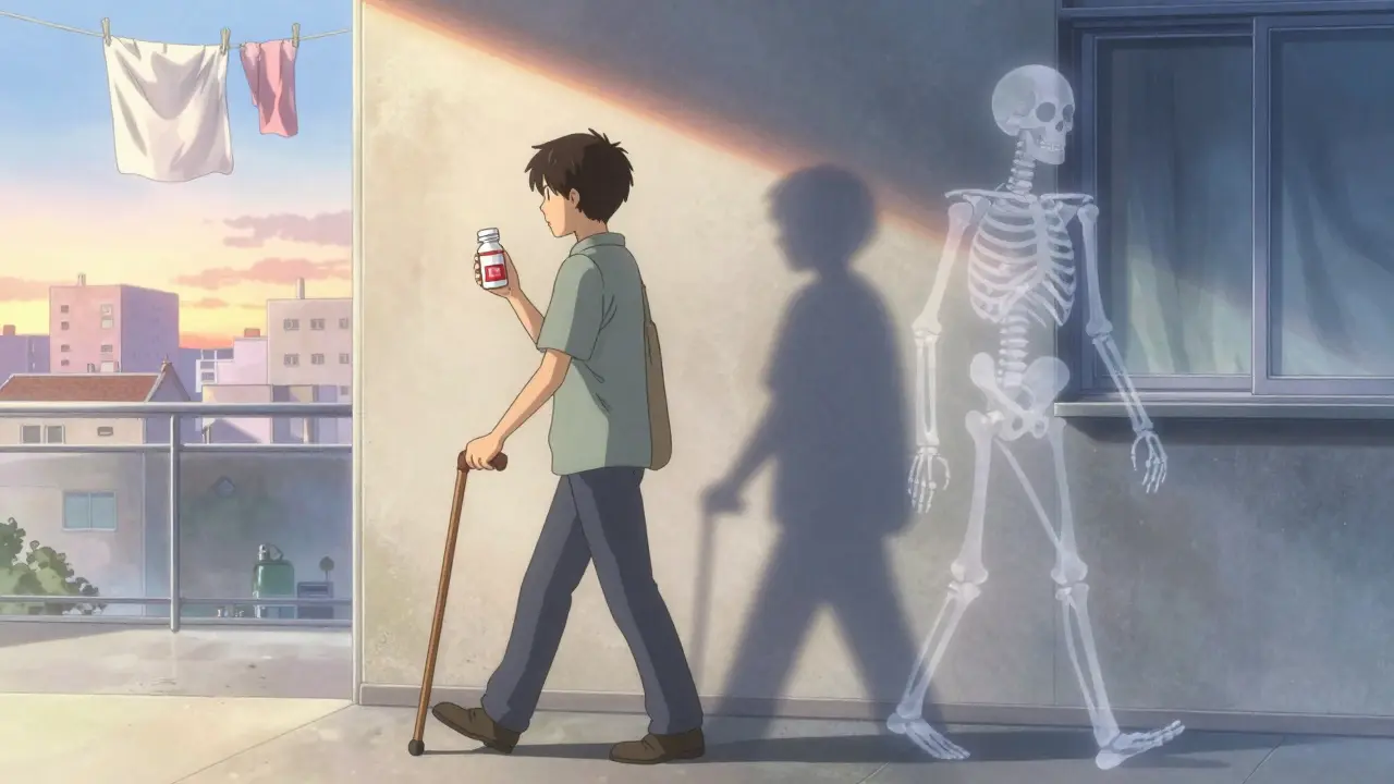 A person walking with a cane, their healthy bone shadow behind them, contrasted with a hollow skeleton ahead in soft dawn light.