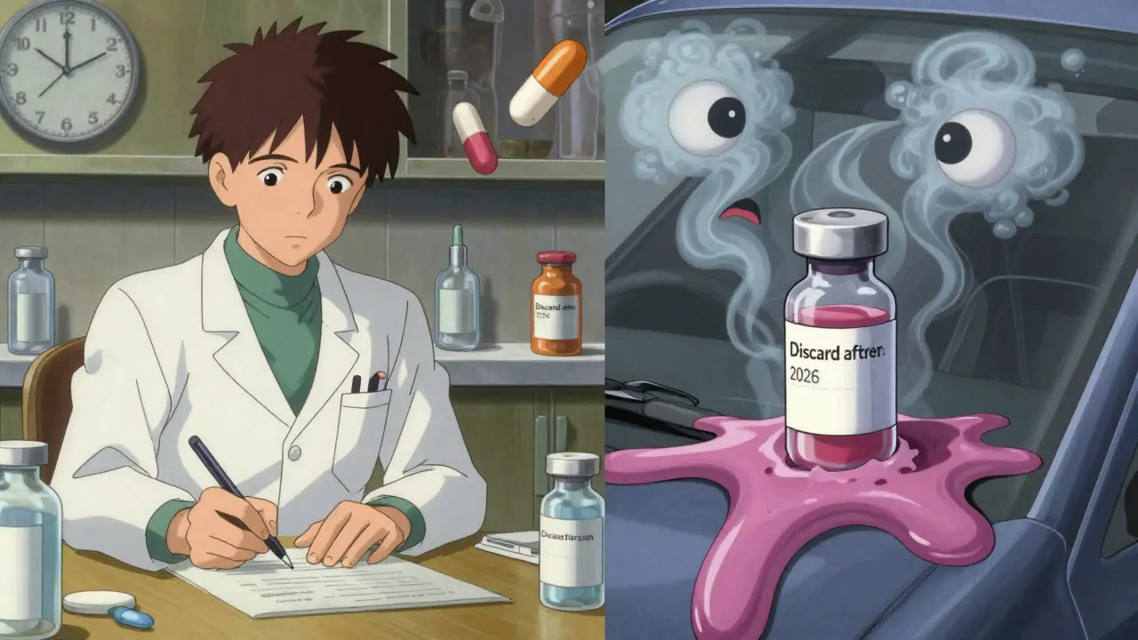 A pharmacist labeling insulin while the same vial melts into liquid with eyes in a hot car, symbolizing storage risks.