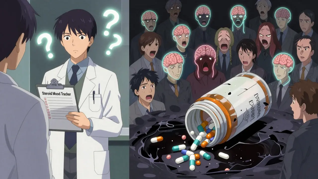 A psychiatrist holding a mood checklist while chaotic patients with glowing brains fall into a crumbling pill bottle abyss.
