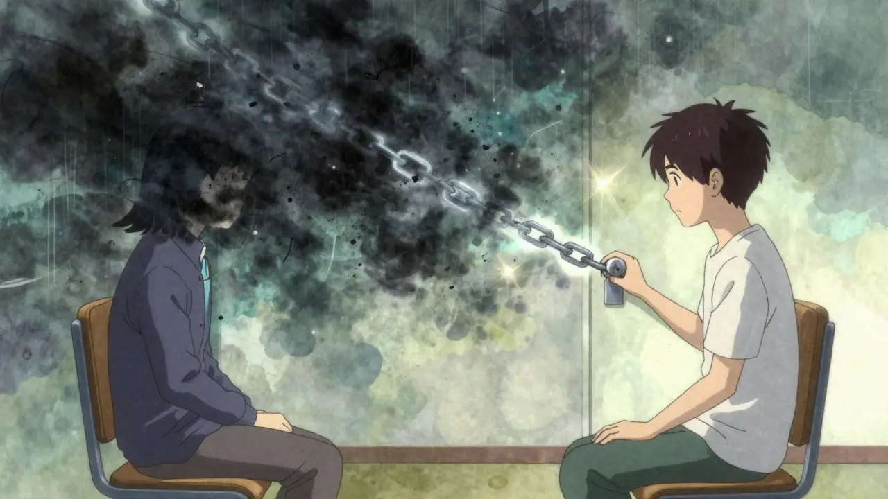 A therapy session where a person confronts a doorknob as a chain of compulsion breaks apart.