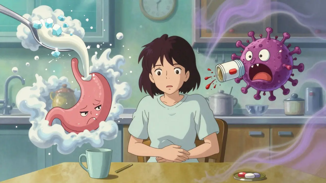 A woman confused between dairy intolerance and drug reaction, with parallel timelines of exploding milk and virus-shaped pills.