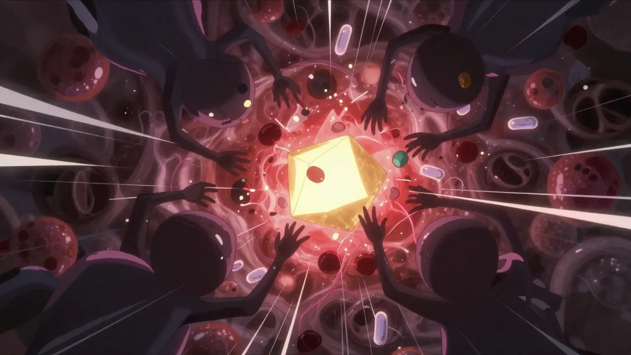 Abstract cellular collision representing transfusion reaction danger