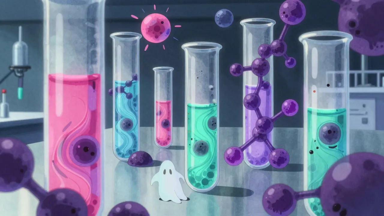 Abstract colorful liquids swirling inside glass laboratory equipment