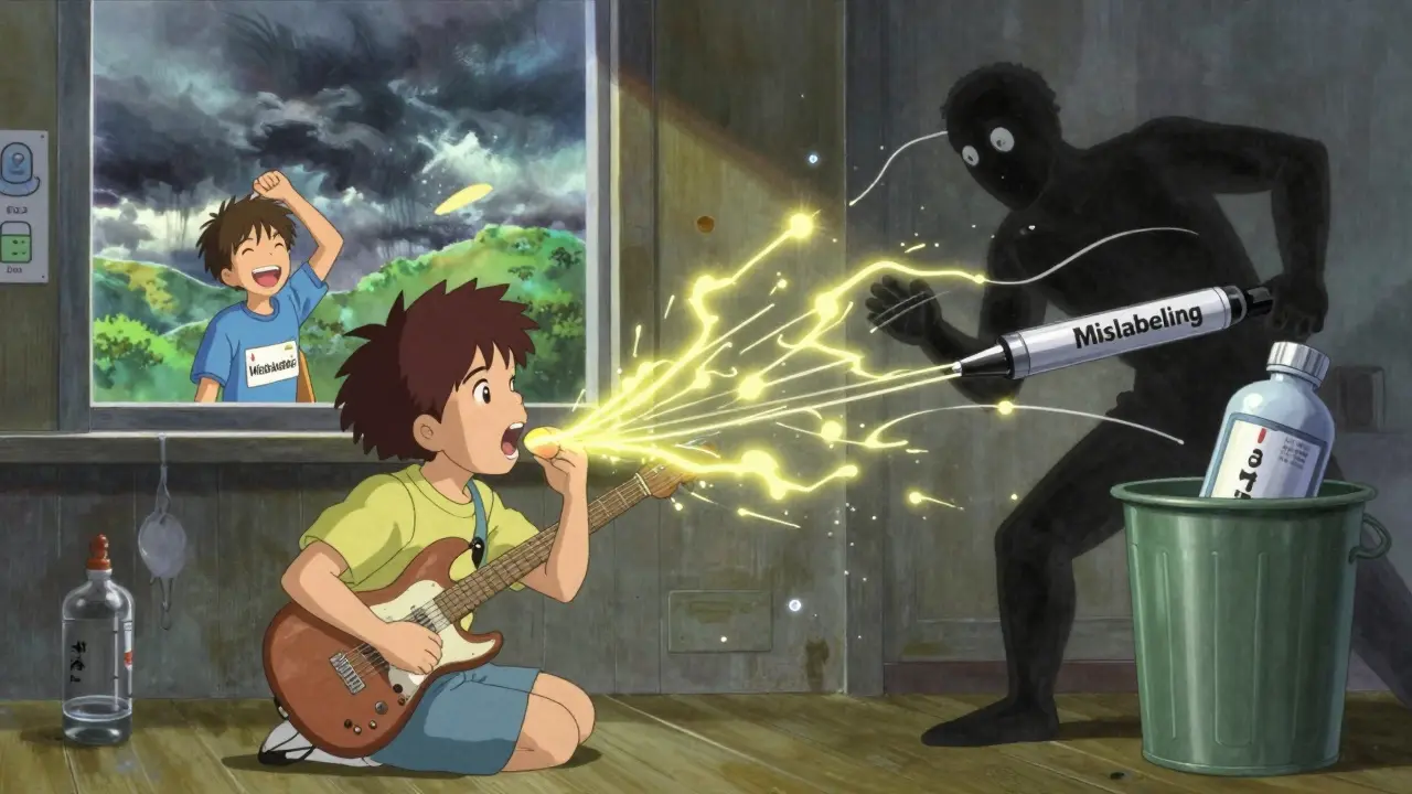 An allergist conducting a food challenge as a false penicillin label is discarded, symbolizing liberation from misdiagnosis.