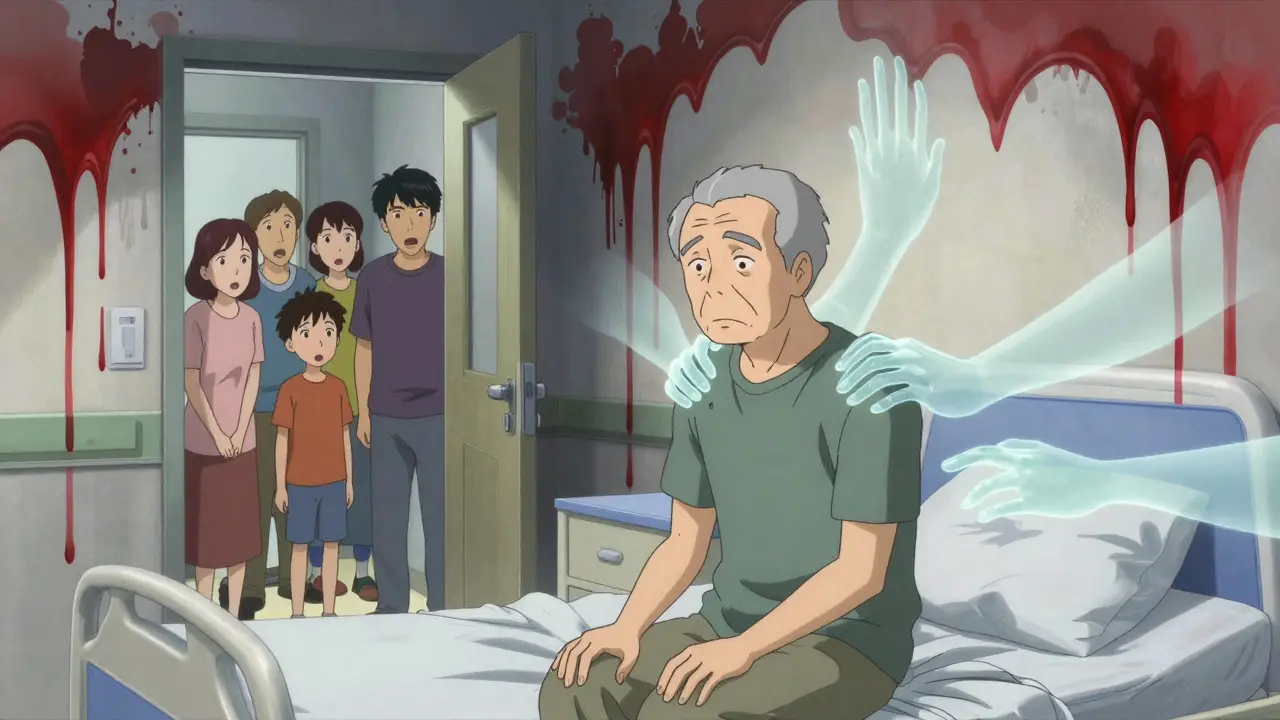 An elderly man in a hospital bed, gripped by ghostly hands, while his family watches in shock from the doorway.