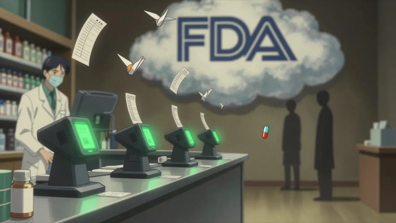 Barcode scanners at a pharmacy send automated reports skyward, while one unlabeled pill floats alone in darkness.