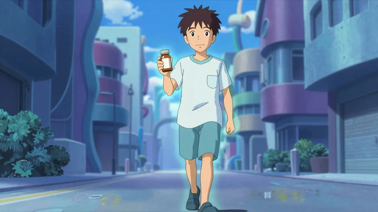 Confident patient walking with medicine bottle, glowing shield, surreal background.