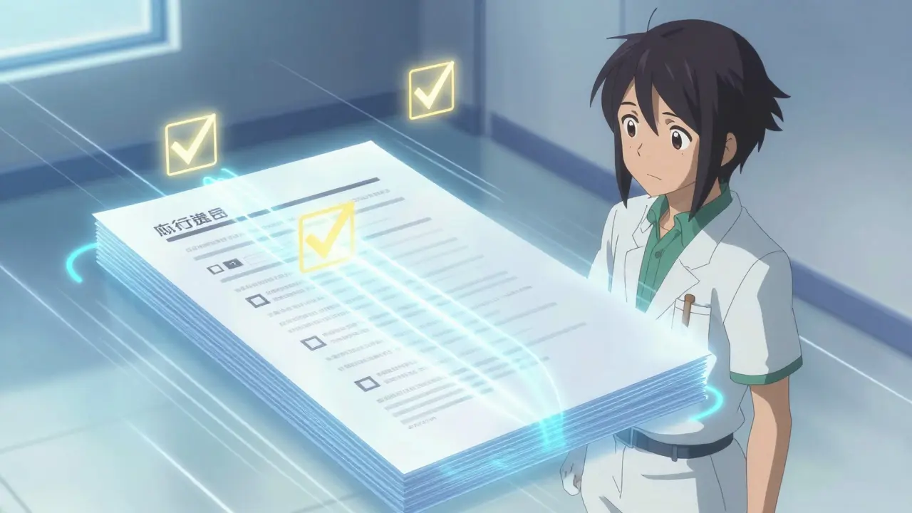 Digital grid scanning a stack of documents with blue light