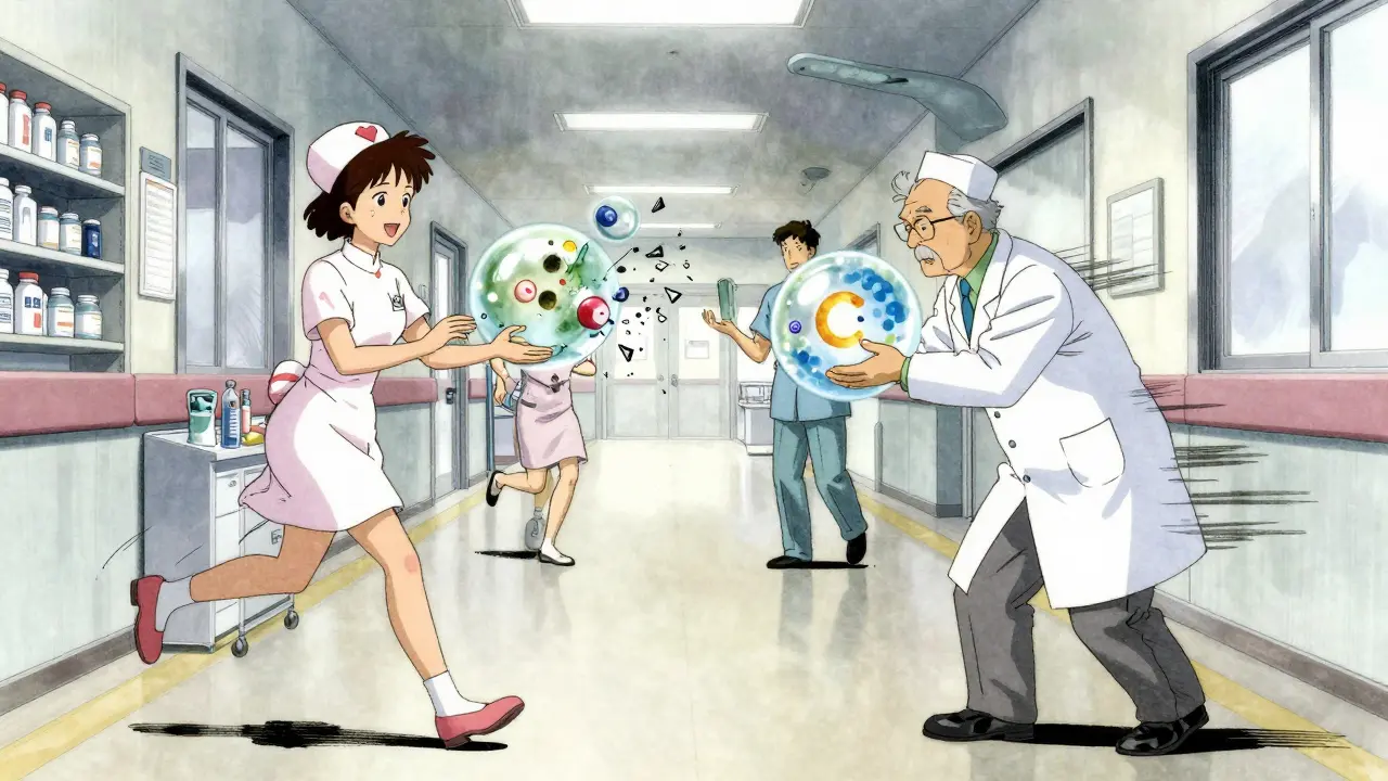 Healthcare team members pass glowing information orbs down a hallway, symbolizing clear communication and collaborative handoffs.