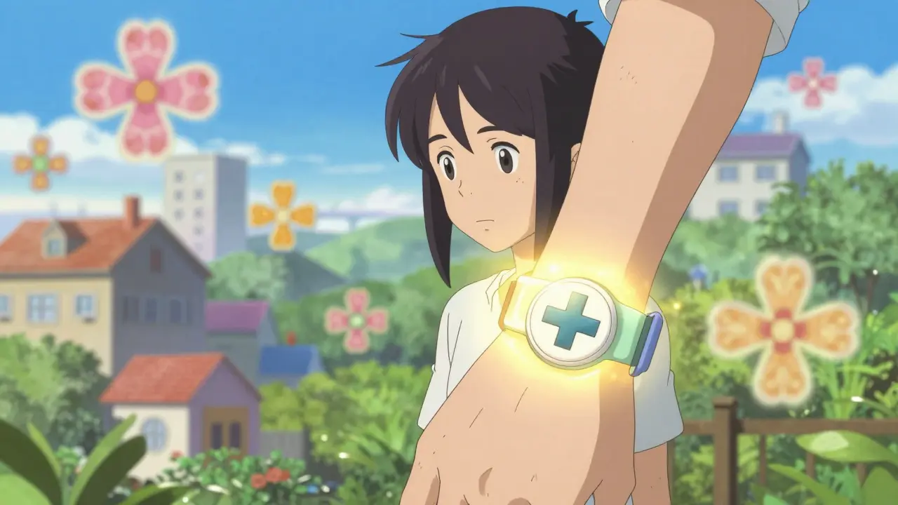 Patient with medical alert bracelet walking in bright city