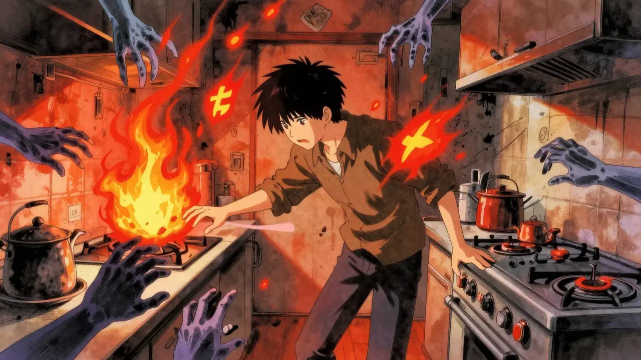 Someone frozen in front of a stove, surrounded by glowing fire symbols and ghostly hands.