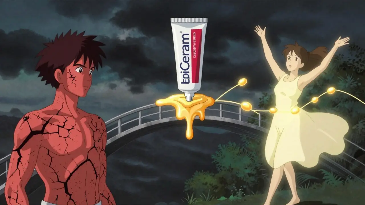 Split image showing damaged skin transforming into healthy skin with glowing lipid repair.