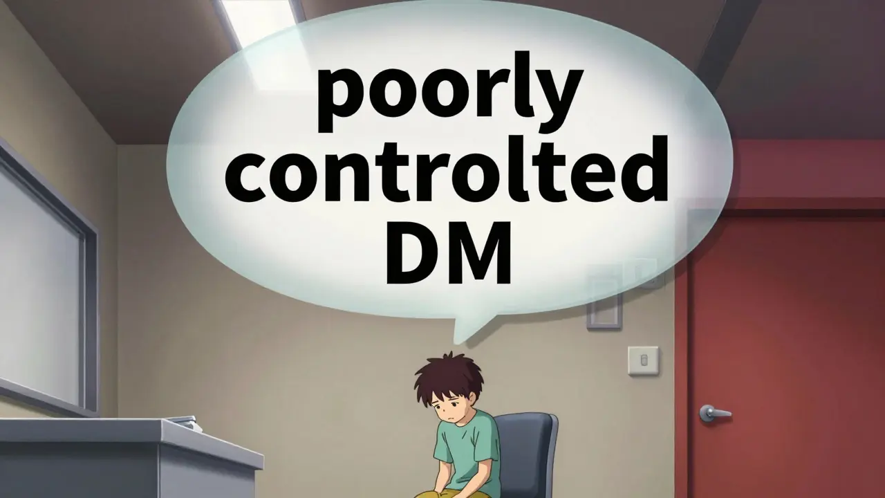 A patient feeling emotionally overwhelmed by a clinical label in a distorted office setting.