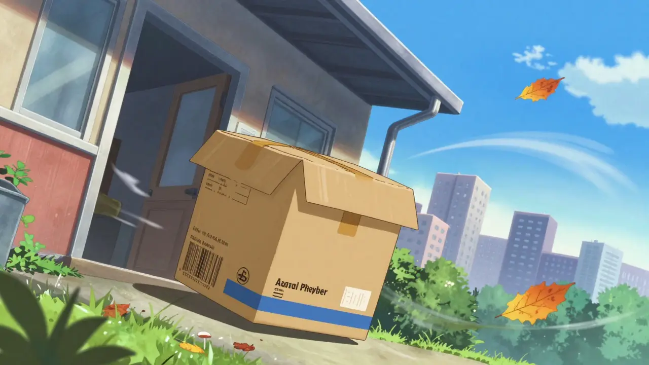 A pharmacy delivery package arriving on a doorstep in a colorful anime style