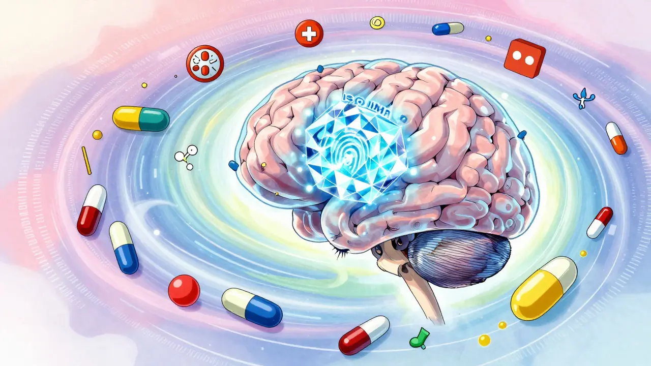 Abstract anime visualization of an AI creating a glowing geometric fingerprint for a medicine.