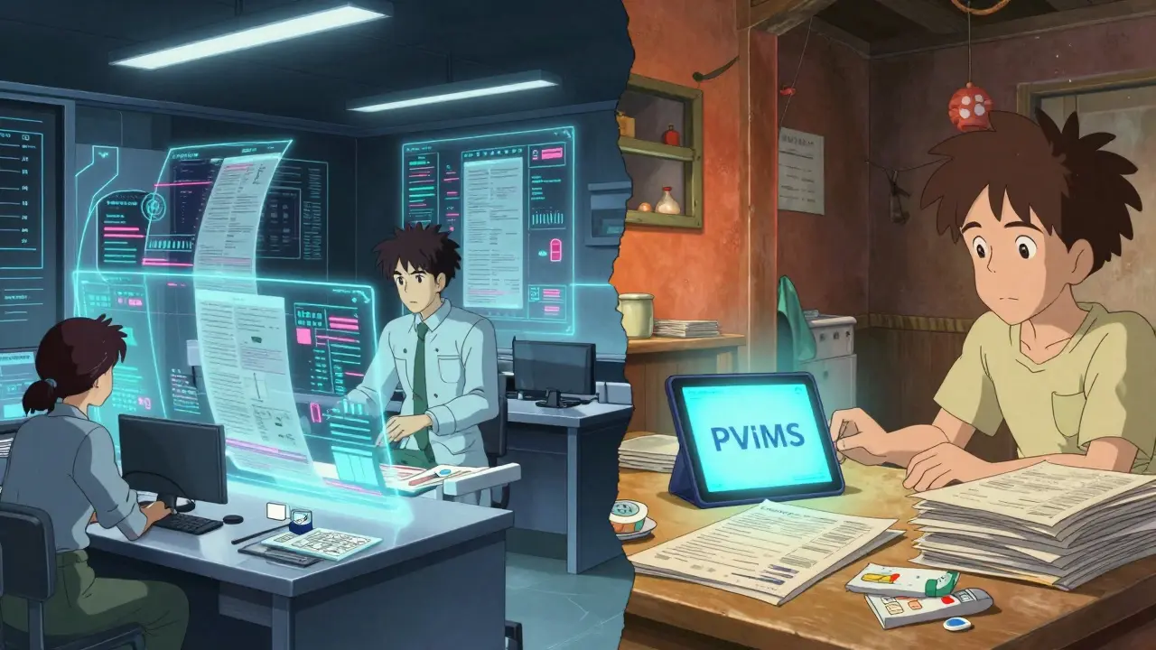 Anime comparison between a high-tech digital reporting center and a rural clinic using a tablet.
