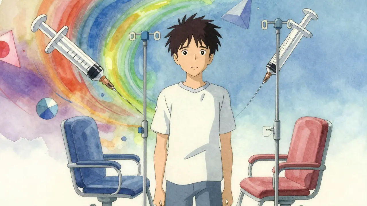 Artistic depiction of a patient finding calm and relief while surrounded by stylized medical treatment imagery.