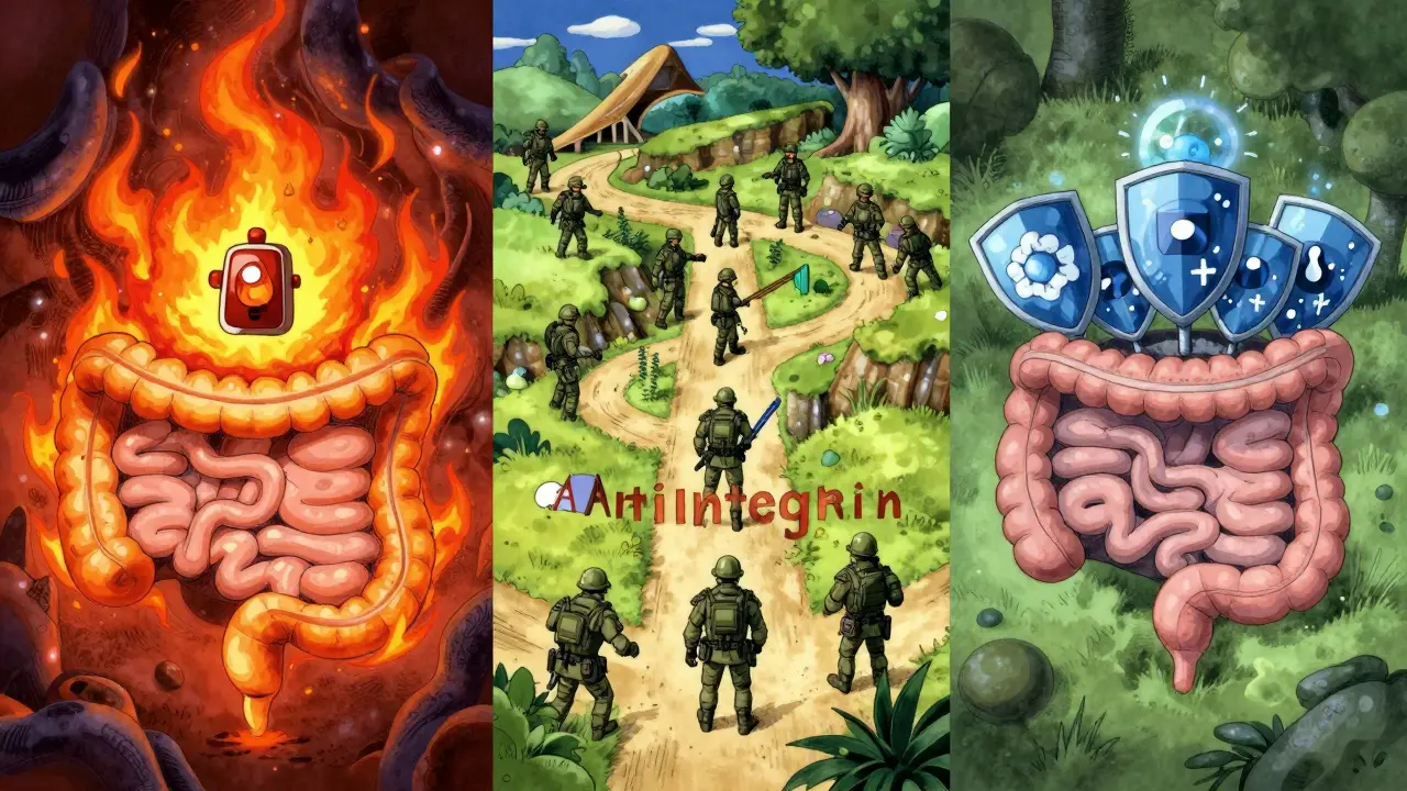 Illustration showing three distinct colorful pathways representing different biologic drug mechanisms in a gut.