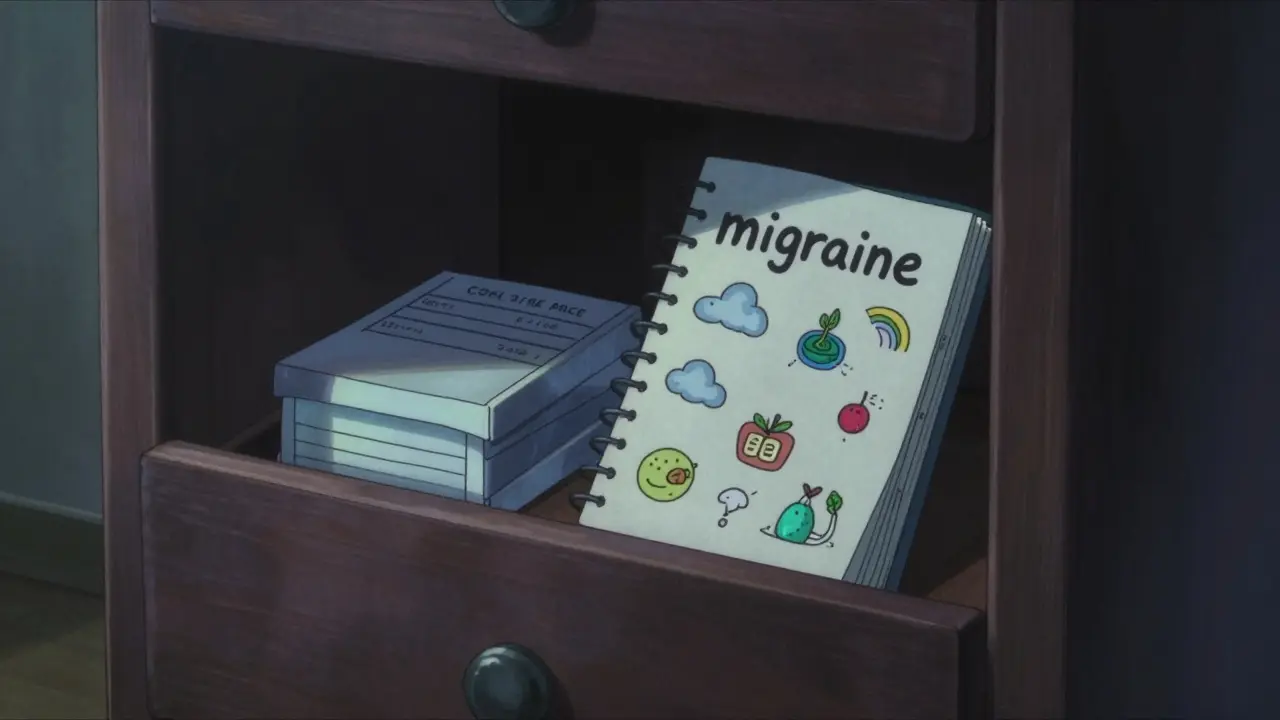 Medication strip and a migraine diary stored safely in a cool wooden cabinet.