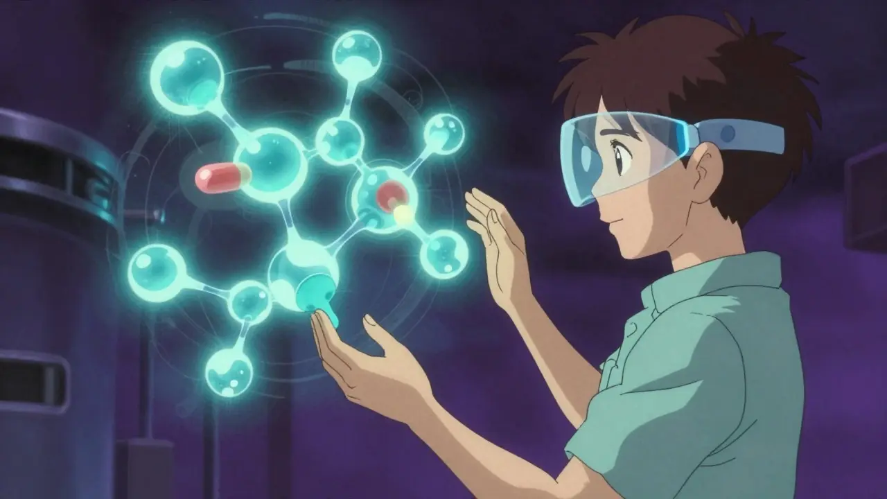Patient using augmented reality to see a glowing drug molecule in a futuristic anime style.