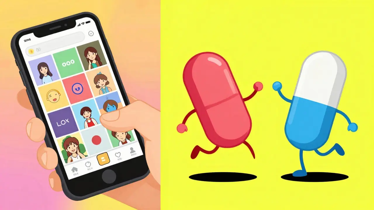 Split screen showing a person on a phone and two identical medicine pills dancing in a playful anime style.