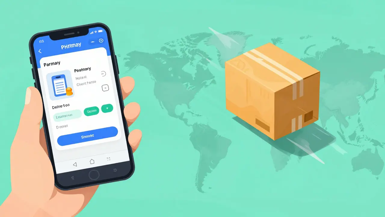 Split-screen showing a pharmacy order on a phone and a package traveling globally.